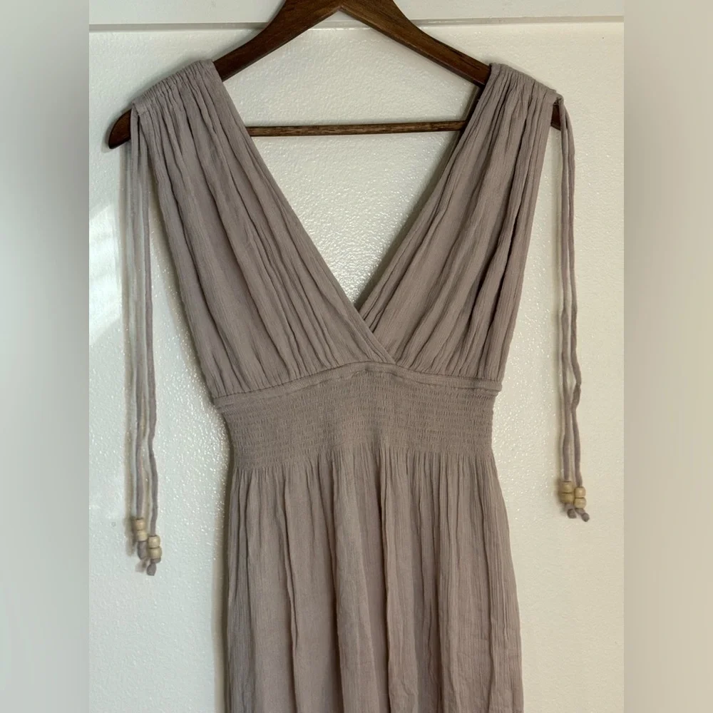 Free People S Boho Gauze Harem Jumpsuit Beige Taupe Smocked Waist Beaded Straps - Picture 8 of 10